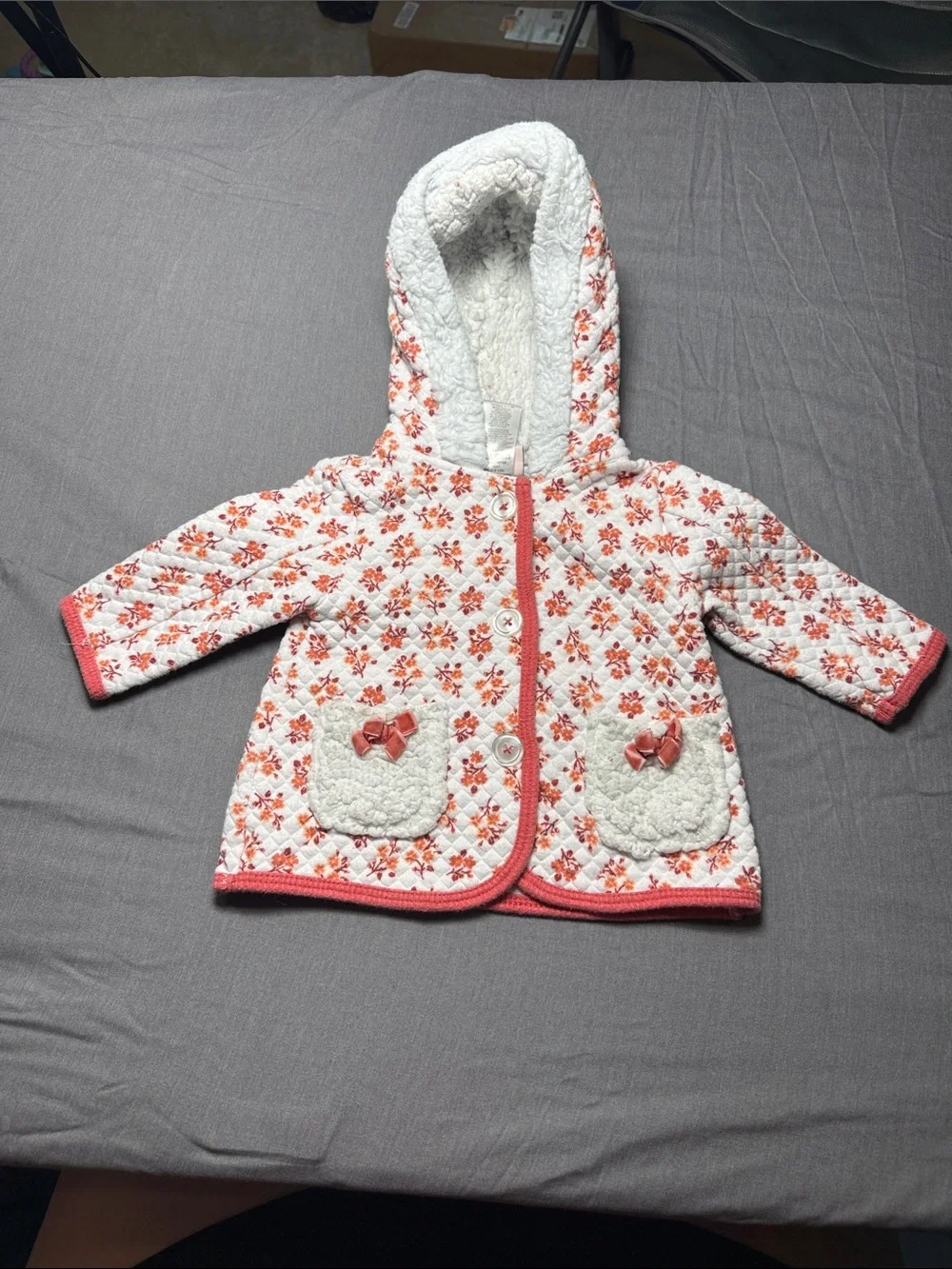 Little Lass Baby Quilted Floral Hooded Jacket in Coral and White